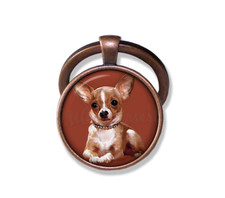 Chihuahua Sitting Dog Puppy - Handmade ROUND Glass Pendant Keychain KEY RING