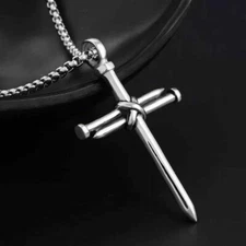 Men Women Cross Pendant Necklace Silver Stainless Steel Unisex's Chain Crucifix