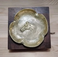 Horse Cigar Ashtray Tray Siamese Teak Wood Brass Handcrafted Atapco Hong Kong 