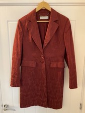 Ladies Karen Millen Uk12 Trench Coat - Red Baroque Pattern L/s Long Line Jacket