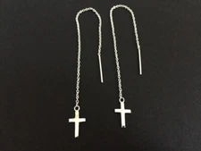 Genuine 925 Sterling Silver Cross Thread Threader Earrings Chain Bar Long Length