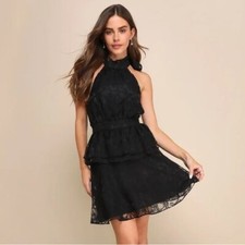 NWT Lulus Tier Confidence Black Halter Mini Dress Size Medium