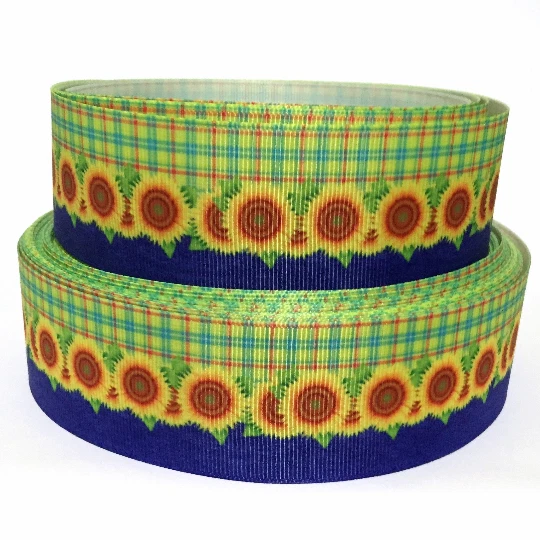 GROSGRAIN RIBBON 5/8", 7/8", 1.5", 3" Sunflowers Denim Summer - Spring Printed - Image 1 of 1