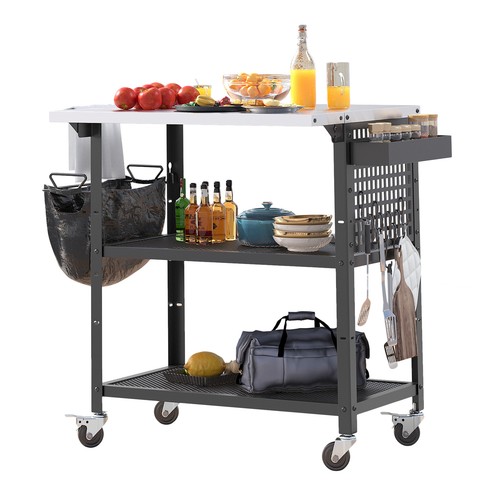 Outdoor Kitchen Cart Stainless Steel Grill Tables Flip Top 3-Tier Storage Shelf - Picture 7 of 11