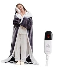 Electric Flannel Throw Blankets with Foot Pocket, Wearable 52*72 Grey-long