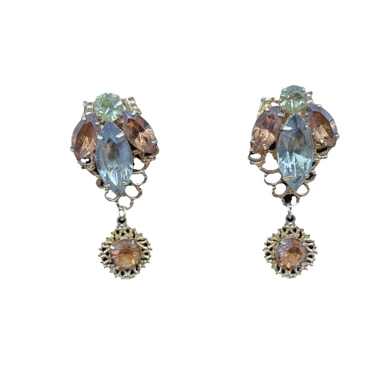 Vintage Emmons Glass Clip Earrings, Gray Brown Green Dangle, Signed, Estate