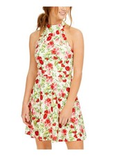 TEEZE ME Womens Beige Floral Sleeveless Halter Short Fit + Flare Dress 15
