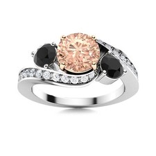 5MM Round Morganite  Black Spinel Three Stone Wedding Ring 925 Sterling Silver