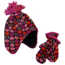 Faded Glory Girls Pink Hearts Hat  Mittens Beanie Stocking Trapper Hat