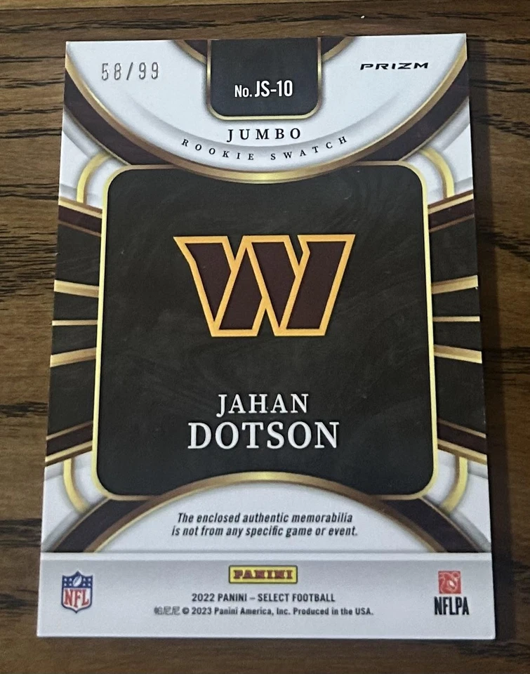 2022 Panini Select #JS-10 Jahan Dotson Jumbo Rookie Swatch Prizm #/99 - Image 2 of 2