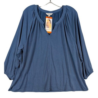 NWT Lucky Brand Women XXL Blue Split Neck Modal Blend Long Sleeve Knit Blouse