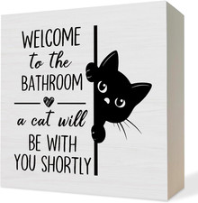Funny Black Cat Bathroom Decor Wooden Box Sign, Gifts for Cat Lovers, Cute