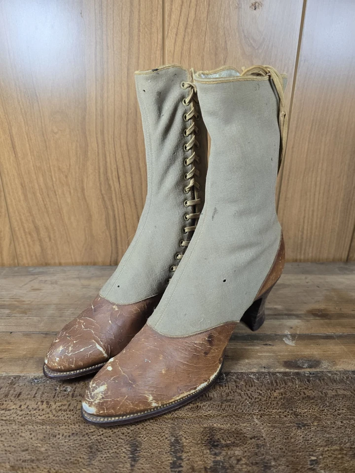 Botas victorianas eduardianas de encaje de lona de cuero disfraz de teatro Foto 3 de 4