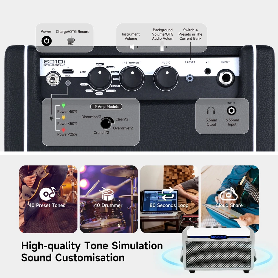 MOOER SD10i 10W Practice Guitar Amplifier Combo with Smart Effects App 49 Effect - Image 4 of 4
