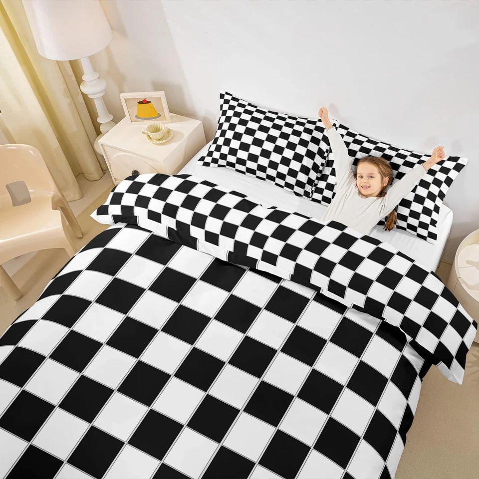 Juego de cama a cuadros a cuadros búfalo blanco y negro rejilla geométrica reversible... Foto 4 de 4
