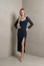 Abito midi Zara blu navy pizzo manica lunga spacco laterale elegante sera cocktail M nuovo con etichette