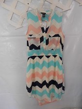 NEW Super Cute Cream Blue Pink Chevron Striped sz Small Short dress Button up!