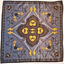 SCARF VINTAGE AUTHENTIC ROYAL EQUESTRIAN ART BLUE ACETATE SATIN 27" SQUARE