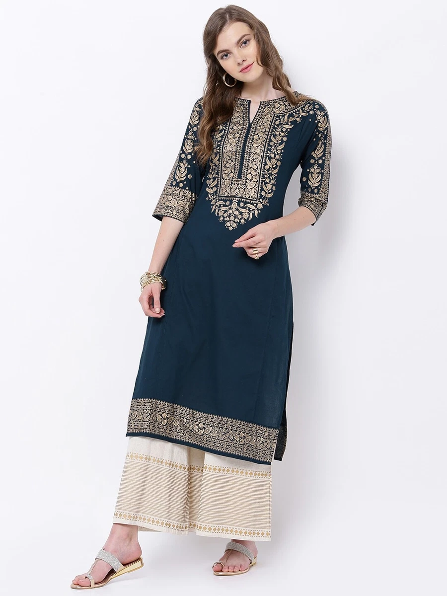 Navy Blue Color Foil and Printed Pure Cotton Kurti