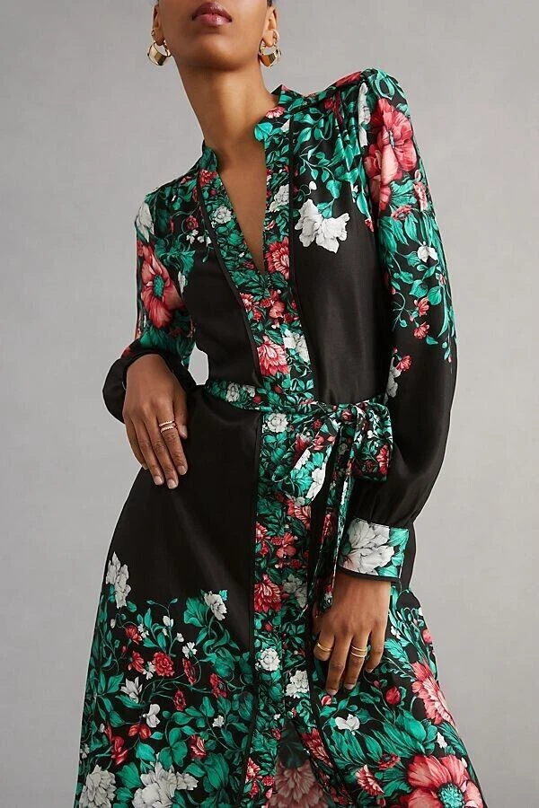 VETEMENTS Anthropologie Camicia Midi Vestito Camicia Cintura Nero Verde Floreale Taglia XS NUOVA CON ETICHETTE