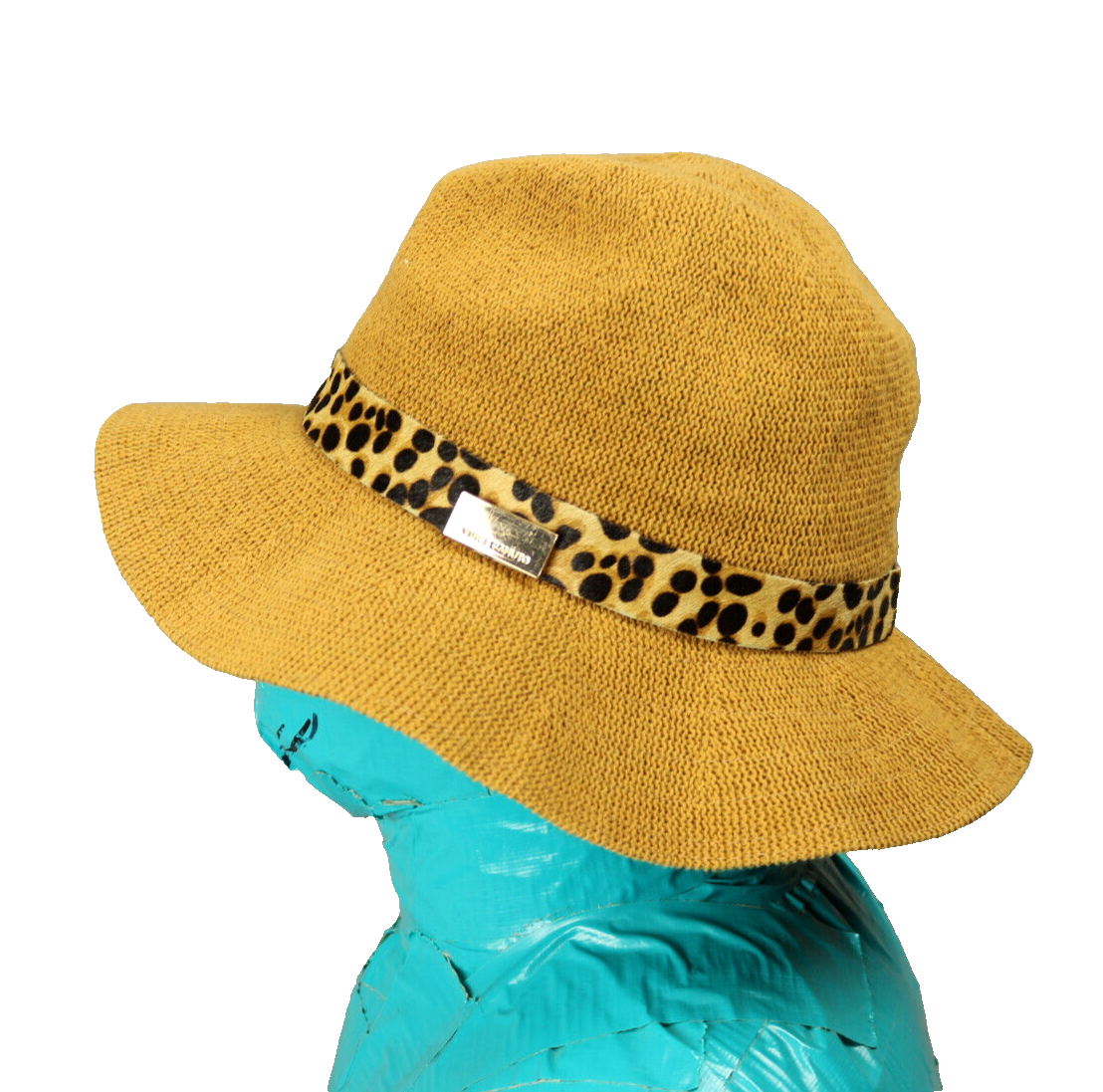 Cappello sole Vince Camuto leopardato stampa pony pelliccia cappello fascia logo marrone taglia unica