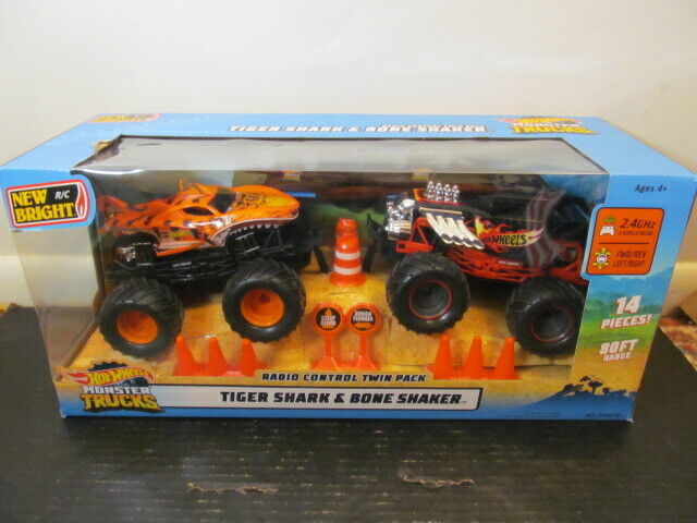 Hot Wheels Radio Control Monster Trucks Twin Pack Bone Shaker and Tiger  Shark