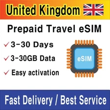 (eSIM) United Kingdom UK Travel SIM Card | 1-30GB | 3-30 Days | QR Code