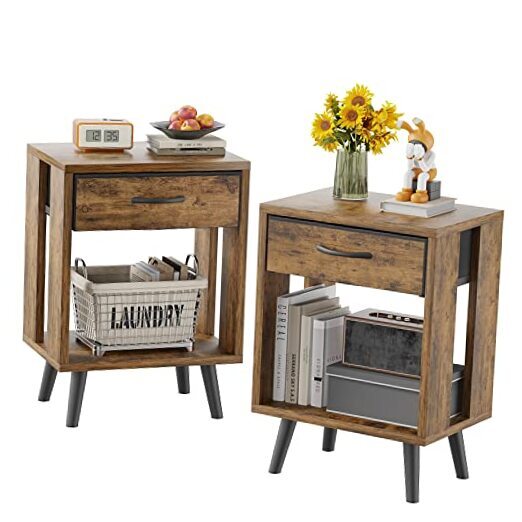 Rustic Brown Nightstand Set with Fabric Drawers and Open Shelves-image