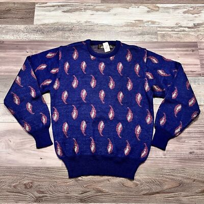 John Henry Vintage 90s Wool Blend Knit Sweater Size Medium Fire Flame Design