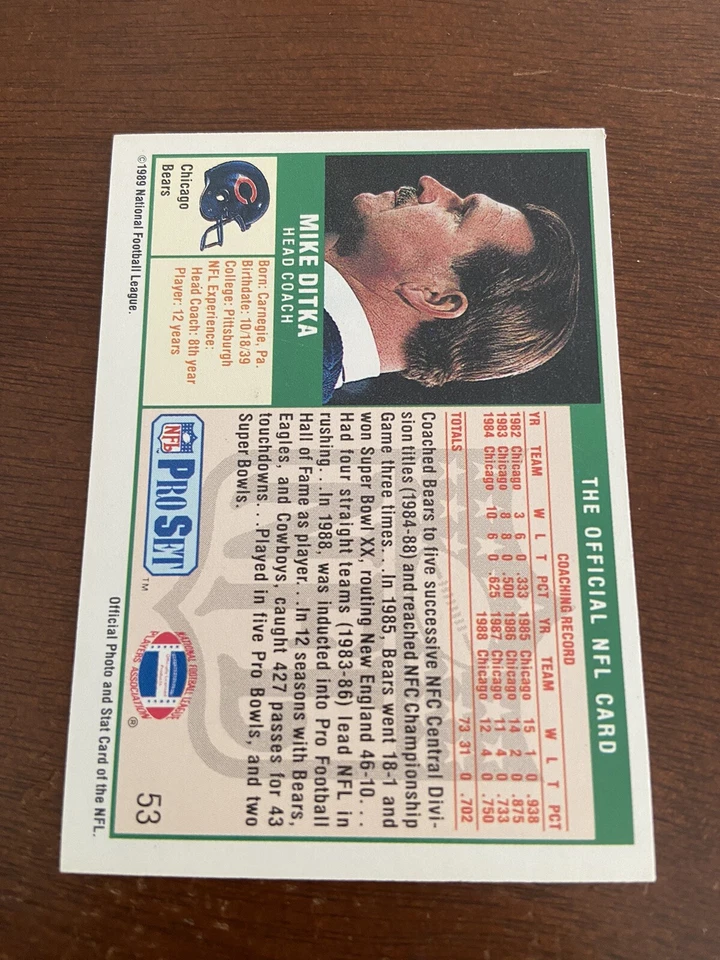 1989 Pro Set Mike Ditka Autographed Football Card Coach #53 Chicago Bears - Image 4 of 4