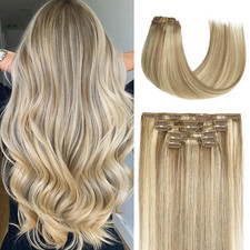 Clip in Hair Extensions Real Human Hair, Balayage Hair Extensions Mixed Bleach