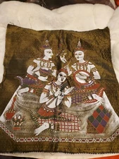 Vintage Silk Thai Temple Rubbing style art painted Textile Asian Art Thailand