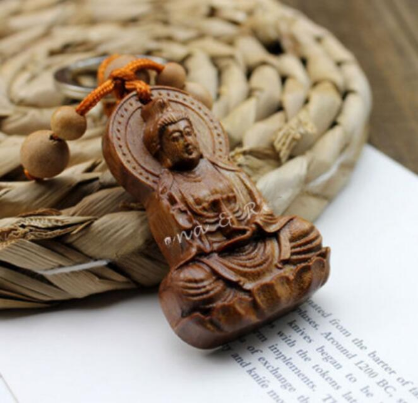 Copper Wood Carving Chinese Guan Yin Buddha Pendant Keychain