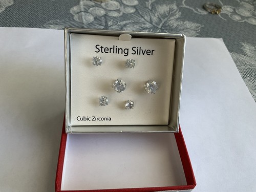 New 3 Pair Sterling Silver & CZ post Earrings - Picture 2 of 5