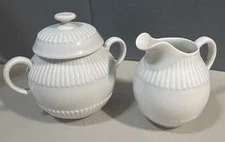 Vtg A.Raynaud Limoges France Ceralene Creamer Double Sugar Handle Ribbed Design