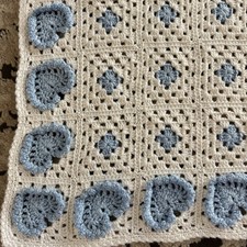 Vintage Hand Crocheted Granny Square Afghan Baby Crib Throw Blanket Boy hearts