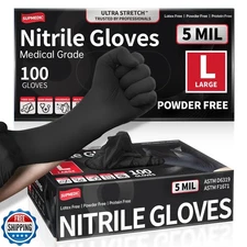 Supmedic Black Nitrile Exam Gloves, 5 Mil Chemical Resistant Powder-Free Food