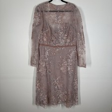 Mac Duggal Women 18 Rose Pink Embellished Illusion Long Sleeve Midi Dress NWT