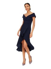 XSCAPE Womens Navy Ruffled Off Shoulder Above The Knee Party Hi-Lo Dress 4