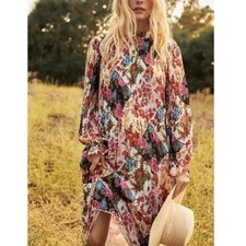 Anthropologie Maeve Shara Floral Patchwork S Pleated Midi Long Sleeve Dress