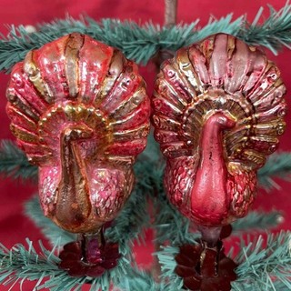 2 GREAT ANTIQUE c. 1920s GERMAN MERCURY GLASS PEACOCK CLIP CHRISTMAS ORNAMENTS