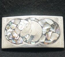 XF19173 VINTAGE 1970s HORSE HEAD WESTERN ANIMAL ABALONE ARTWORK BELT BUCKLE