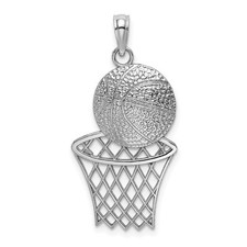 14k White Gold Diamond-Cut Basketball and Net Charm Pendant 0.93 Inch