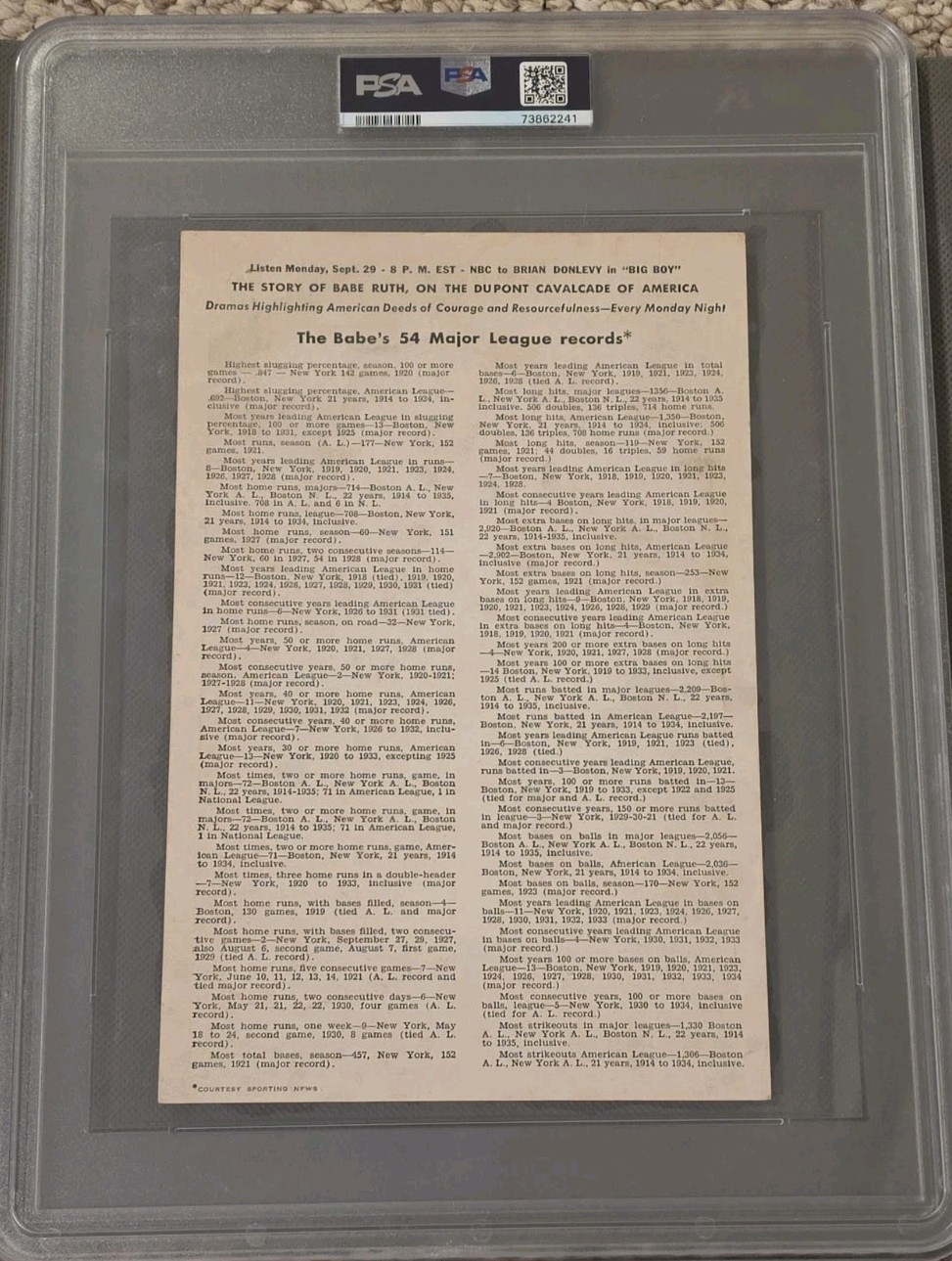  BABE RUTH 1947 NBC DUPONT CAVALCADE AMERICA 9X6 Premium PSA 2++ LOOKS FAR NICER view 3