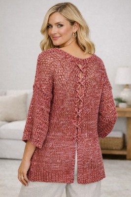 Rust Pink Open Weave Sweater Tunic Lace Up Back Lucky Brand Live In Love Size L
