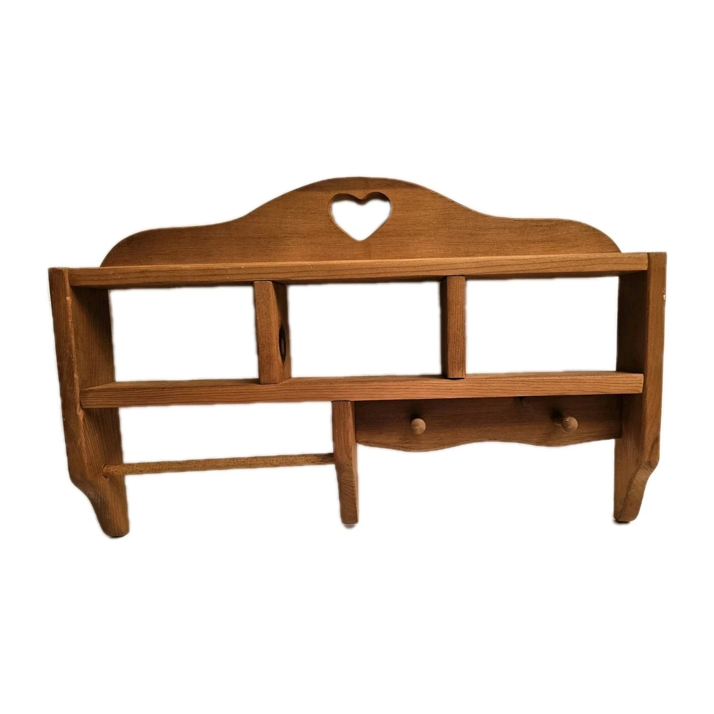 Wooden Wall Shelf Brown Heart Cutout 3 Compartments Pegs Country Style Varnished