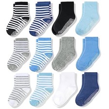 Non-Slip Crew Grip Socks Boys Solid  Stripes - 12 pairs, 1-3 Years Old