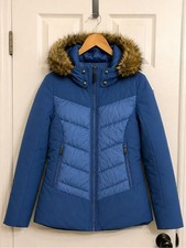 SwissTech Boys Blue Puffer Winter Jacket Faux Fur Hood Size 8-10