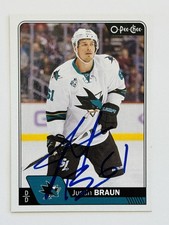 Justin Braun San Jose Sharks Autographed 2016-17 O-Pee-Chee Hockey Card #98 COA