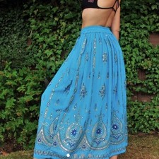 Bollywood Indian Maxi Skirt Turquoise Gypsy Ethnic Sequins Rayon Boho India OS